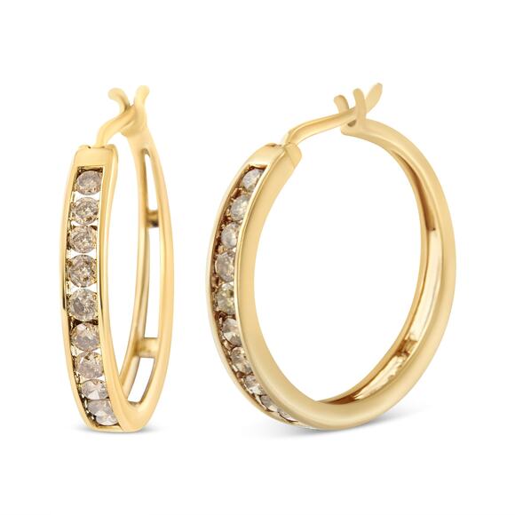 NIB 14K Yellow Gold Plated .925 Silver 1 Cttw Champagne Diamond Hoop Earrings - Picture 1 of 5